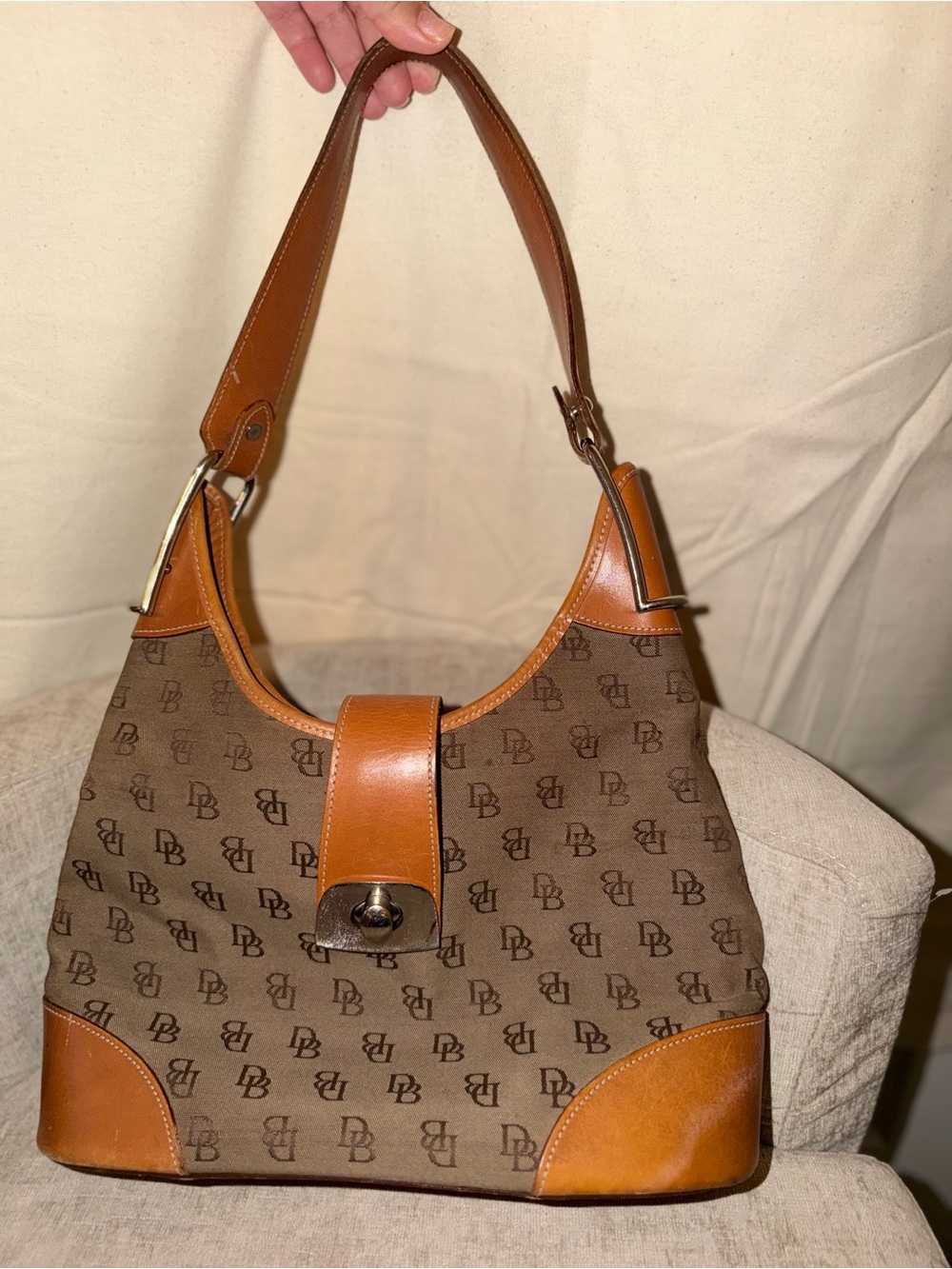 Dooney & Bourke Brown Monogram Shoulder Bag with Tan Leather Trim